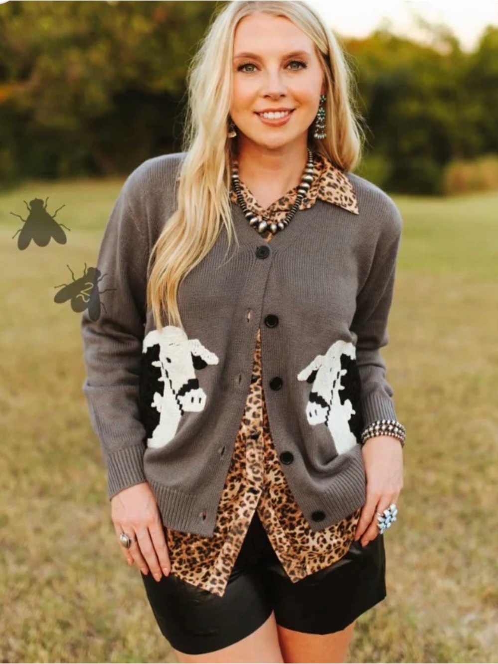 Gray Button-Up Cow Pocket Women's Cardigan Sweater 2fly cardigan cattle